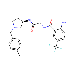 Cc1ccc(CN2CC[C@@H](NC(=O)CNC(=O)c3cc(C(F)(F)F)ccc3N)C2)cc1 ZINC000029125741