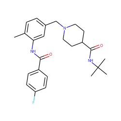 Cc1ccc(CN2CCC(C(=O)NC(C)(C)C)CC2)cc1NC(=O)c1ccc(F)cc1 ZINC001772588783