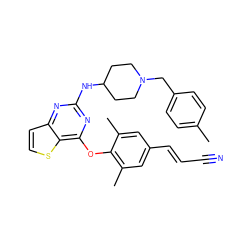 Cc1ccc(CN2CCC(Nc3nc(Oc4c(C)cc(/C=C/C#N)cc4C)c4sccc4n3)CC2)cc1 ZINC001772634740