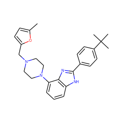 Cc1ccc(CN2CCN(c3cccc4[nH]c(-c5ccc(C(C)(C)C)cc5)nc34)CC2)o1 ZINC000040954897