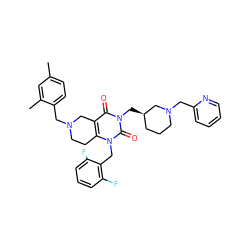 Cc1ccc(CN2CCc3c(c(=O)n(C[C@@H]4CCCN(Cc5ccccn5)C4)c(=O)n3Cc3c(F)cccc3F)C2)c(C)c1 ZINC000028864238