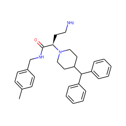 Cc1ccc(CNC(=O)[C@@H](CCN)N2CCC(C(c3ccccc3)c3ccccc3)CC2)cc1 ZINC000169349943