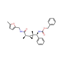 Cc1ccc(CNC(=O)[C@H](C)[C@@H]2C[C@@]2(C)[C@@H](NC(=O)OCc2ccccc2)c2ccccc2)o1 ZINC000033363656