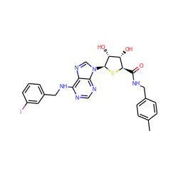 Cc1ccc(CNC(=O)[C@H]2S[C@@H](n3cnc4c(NCc5cccc(I)c5)ncnc43)[C@H](O)[C@@H]2O)cc1 ZINC000049756532