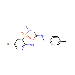 Cc1ccc(CNC(=O)CN(C)S(=O)(=O)c2cc(Br)cnc2N)cc1 ZINC000020484294