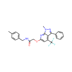 Cc1ccc(CNC(=O)COc2cc(C(F)(F)F)c3c(-c4ccccc4)nn(C)c3n2)cc1 ZINC000117511871