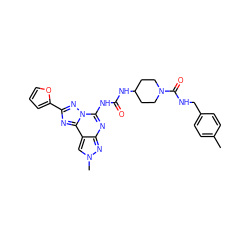 Cc1ccc(CNC(=O)N2CCC(NC(=O)Nc3nc4nn(C)cc4c4nc(-c5ccco5)nn34)CC2)cc1 ZINC000084904190