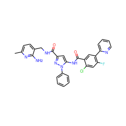 Cc1ccc(CNC(=O)c2cc(NC(=O)c3cc(-c4ccccn4)c(F)cc3Cl)n(-c3ccccc3)n2)c(N)n1 ZINC001772580187