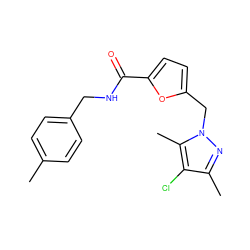 Cc1ccc(CNC(=O)c2ccc(Cn3nc(C)c(Cl)c3C)o2)cc1 ZINC000003638847