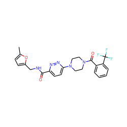 Cc1ccc(CNC(=O)c2ccc(N3CCN(C(=O)c4ccccc4C(F)(F)F)CC3)nn2)o1 ZINC000095593431