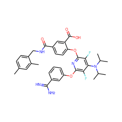 Cc1ccc(CNC(=O)c2ccc(Oc3nc(Oc4cccc(C(=N)N)c4)c(F)c(N(C(C)C)C(C)C)c3F)c(C(=O)O)c2)c(C)c1 ZINC000028568914