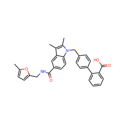 Cc1ccc(CNC(=O)c2ccc3c(c2)c(C)c(C)n3Cc2ccc(-c3ccccc3C(=O)O)cc2)o1 ZINC000205979351