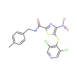 Cc1ccc(CNC(=O)c2nc([N+](=O)[O-])c(Sc3c(Cl)cncc3Cl)s2)cc1 ZINC001772644539