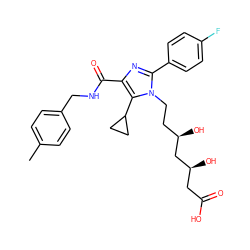 Cc1ccc(CNC(=O)c2nc(-c3ccc(F)cc3)n(CC[C@@H](O)C[C@@H](O)CC(=O)O)c2C2CC2)cc1 ZINC000035335288