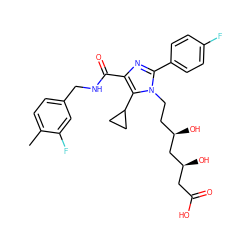 Cc1ccc(CNC(=O)c2nc(-c3ccc(F)cc3)n(CC[C@@H](O)C[C@@H](O)CC(=O)O)c2C2CC2)cc1F ZINC000071281272