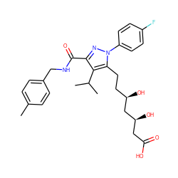 Cc1ccc(CNC(=O)c2nn(-c3ccc(F)cc3)c(CC[C@@H](O)C[C@@H](O)CC(=O)O)c2C(C)C)cc1 ZINC000014968008