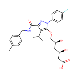 Cc1ccc(CNC(=O)c2nn(-c3ccc(F)cc3)c(OC[C@@H](O)C[C@@H](O)CC(=O)O)c2C(C)C)cc1 ZINC000014967871