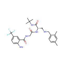 Cc1ccc(CNC[C@H](NC(=O)CNC(=O)c2cc(C(F)(F)F)ccc2N)C(=O)NC(C)(C)C)c(C)c1 ZINC000028952437