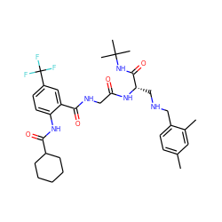 Cc1ccc(CNC[C@H](NC(=O)CNC(=O)c2cc(C(F)(F)F)ccc2NC(=O)C2CCCCC2)C(=O)NC(C)(C)C)c(C)c1 ZINC000028952454