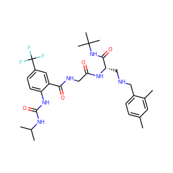 Cc1ccc(CNC[C@H](NC(=O)CNC(=O)c2cc(C(F)(F)F)ccc2NC(=O)NC(C)C)C(=O)NC(C)(C)C)c(C)c1 ZINC000028952452