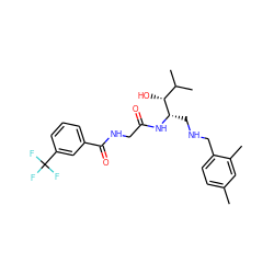 Cc1ccc(CNC[C@H](NC(=O)CNC(=O)c2cccc(C(F)(F)F)c2)[C@H](O)C(C)C)c(C)c1 ZINC000084618507