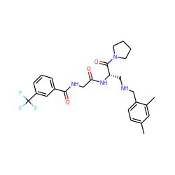 Cc1ccc(CNC[C@H](NC(=O)CNC(=O)c2cccc(C(F)(F)F)c2)C(=O)N2CCCC2)c(C)c1 ZINC000028952381