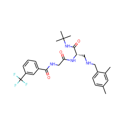 Cc1ccc(CNC[C@H](NC(=O)CNC(=O)c2cccc(C(F)(F)F)c2)C(=O)NC(C)(C)C)c(C)c1 ZINC000003976775