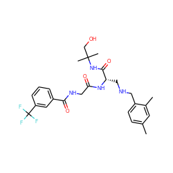 Cc1ccc(CNC[C@H](NC(=O)CNC(=O)c2cccc(C(F)(F)F)c2)C(=O)NC(C)(C)CO)c(C)c1 ZINC000028952359