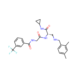 Cc1ccc(CNC[C@H](NC(=O)CNC(=O)c2cccc(C(F)(F)F)c2)C(=O)NC2CC2)c(C)c1 ZINC000028952363