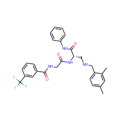 Cc1ccc(CNC[C@H](NC(=O)CNC(=O)c2cccc(C(F)(F)F)c2)C(=O)Nc2ccccc2)c(C)c1 ZINC000028952372