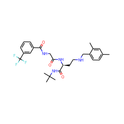 Cc1ccc(CNCC[C@H](NC(=O)CNC(=O)c2cccc(C(F)(F)F)c2)C(=O)NC(C)(C)C)c(C)c1 ZINC000028952329