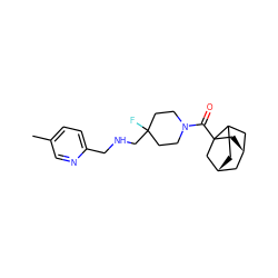 Cc1ccc(CNCC2(F)CCN(C(=O)C34C[C@@H]5CC3C[C@H](C5)C4)CC2)nc1 ZINC000101369408