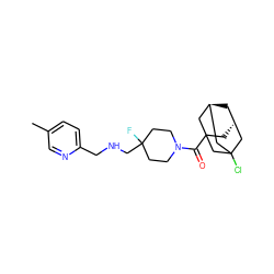 Cc1ccc(CNCC2(F)CCN(C(=O)C34C[C@H]5C[C@@H](CC(Cl)(C5)C3)C4)CC2)nc1 ZINC000101369415