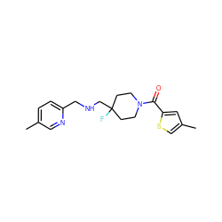 Cc1ccc(CNCC2(F)CCN(C(=O)c3cc(C)cs3)CC2)nc1 ZINC000064549190