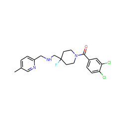 Cc1ccc(CNCC2(F)CCN(C(=O)c3ccc(Cl)c(Cl)c3)CC2)nc1 ZINC000000581919