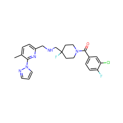 Cc1ccc(CNCC2(F)CCN(C(=O)c3ccc(F)c(Cl)c3)CC2)nc1-n1cccn1 ZINC000013797318