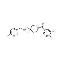 Cc1ccc(CNCC2(F)CCN(C(=O)c3ccc(F)c(Cl)c3)CC2)nn1 ZINC000052988023