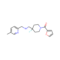 Cc1ccc(CNCC2(F)CCN(C(=O)c3ccco3)CC2)nc1 ZINC000064539646