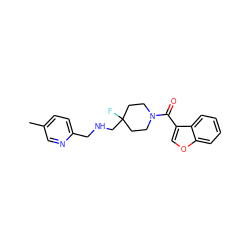 Cc1ccc(CNCC2(F)CCN(C(=O)c3coc4ccccc34)CC2)nc1 ZINC000064549497