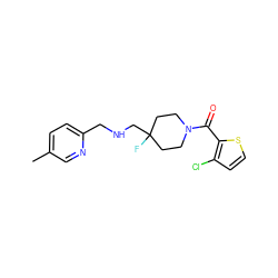 Cc1ccc(CNCC2(F)CCN(C(=O)c3sccc3Cl)CC2)nc1 ZINC000064548495