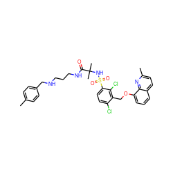 Cc1ccc(CNCCCNC(=O)C(C)(C)NS(=O)(=O)c2ccc(Cl)c(COc3cccc4ccc(C)nc34)c2Cl)cc1 ZINC000049776353