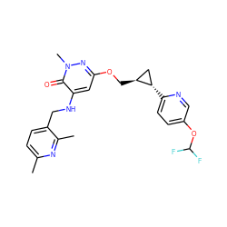 Cc1ccc(CNc2cc(OC[C@H]3C[C@@H]3c3ccc(OC(F)F)cn3)nn(C)c2=O)c(C)n1 ZINC000218513184