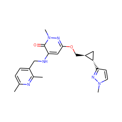 Cc1ccc(CNc2cc(OC[C@H]3C[C@@H]3c3ccn(C)n3)nn(C)c2=O)c(C)n1 ZINC000218500756