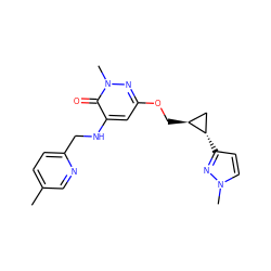 Cc1ccc(CNc2cc(OC[C@H]3C[C@@H]3c3ccn(C)n3)nn(C)c2=O)nc1 ZINC001772603959