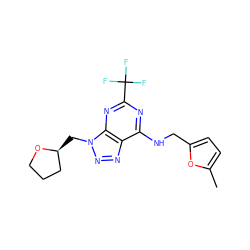 Cc1ccc(CNc2nc(C(F)(F)F)nc3c2nnn3C[C@H]2CCCO2)o1 ZINC000084690276