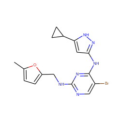 Cc1ccc(CNc2ncc(Br)c(Nc3cc(C4CC4)[nH]n3)n2)o1 ZINC000203004477