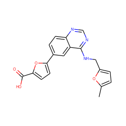 Cc1ccc(CNc2ncnc3ccc(-c4ccc(C(=O)O)o4)cc23)o1 ZINC000066139289