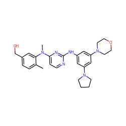 Cc1ccc(CO)cc1N(C)c1ccnc(Nc2cc(N3CCCC3)cc(N3CCOCC3)c2)n1 ZINC000071388866