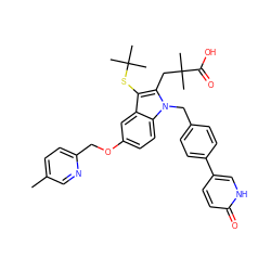 Cc1ccc(COc2ccc3c(c2)c(SC(C)(C)C)c(CC(C)(C)C(=O)O)n3Cc2ccc(-c3ccc(=O)[nH]c3)cc2)nc1 ZINC000073169141