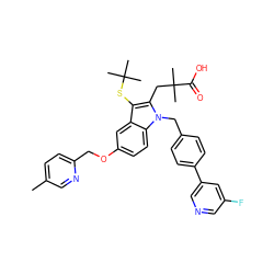 Cc1ccc(COc2ccc3c(c2)c(SC(C)(C)C)c(CC(C)(C)C(=O)O)n3Cc2ccc(-c3cncc(F)c3)cc2)nc1 ZINC000073169135